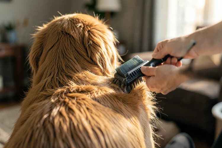 Um cachorro sendo escovado com uma escova de pelos