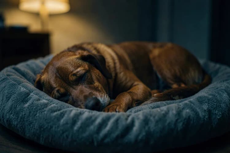 Um cachorro deitado confortavelmente em uma cama de cachorro