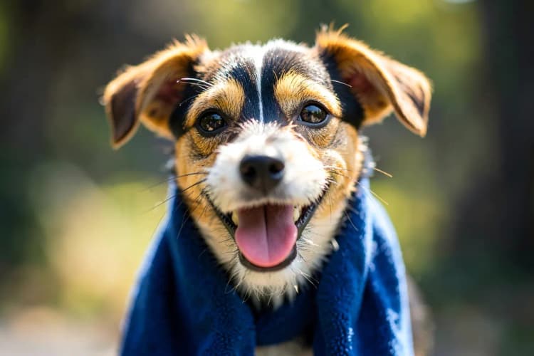 Um cachorro feliz com uma toalha ao redor do pescoço