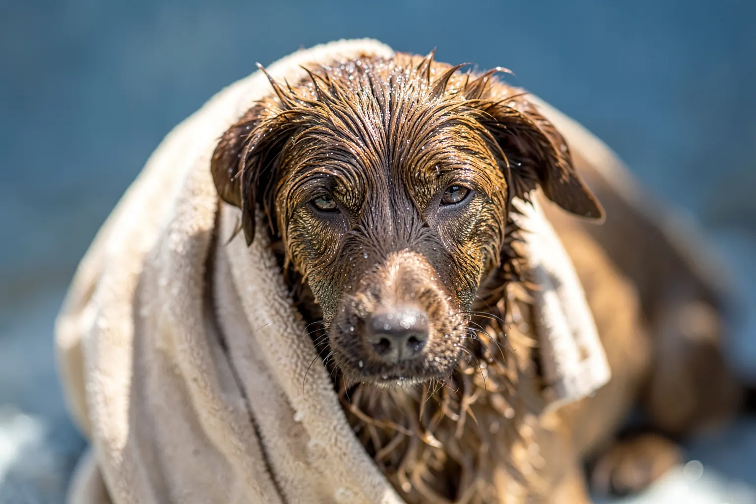 Um cachorro sendo secado com uma toalha após o banho