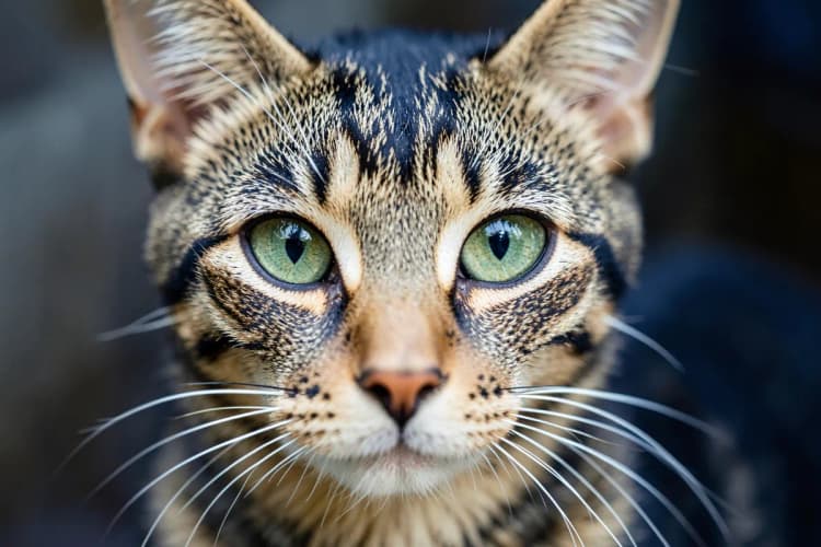 Close-up de um gato malhado de pelo curto com olhos verdes arregalados.