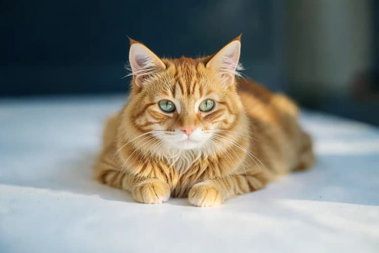 Um gato malhado de pelo curto deitado em uma superfície branca, olhando para a câmera com olhos verdes arregalados.