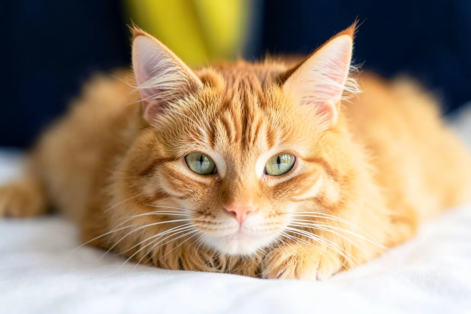 Gato malhado de pelo curto deitado em uma superfície branca, olhando para a câmera com olhos verdes arregalados.