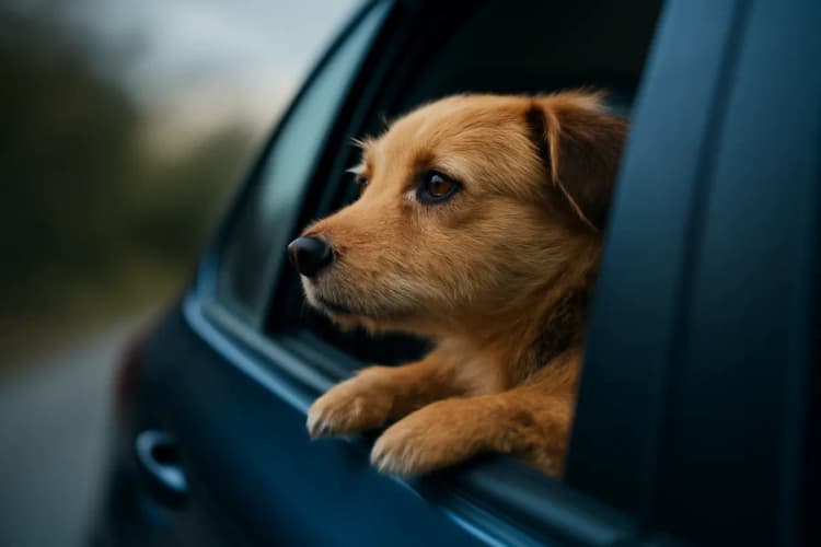 Um cachorro dentro de um carro com a janela aberta.