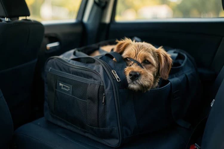 Um cachorro sendo transportado em uma caixa de transporte dentro de um carro.