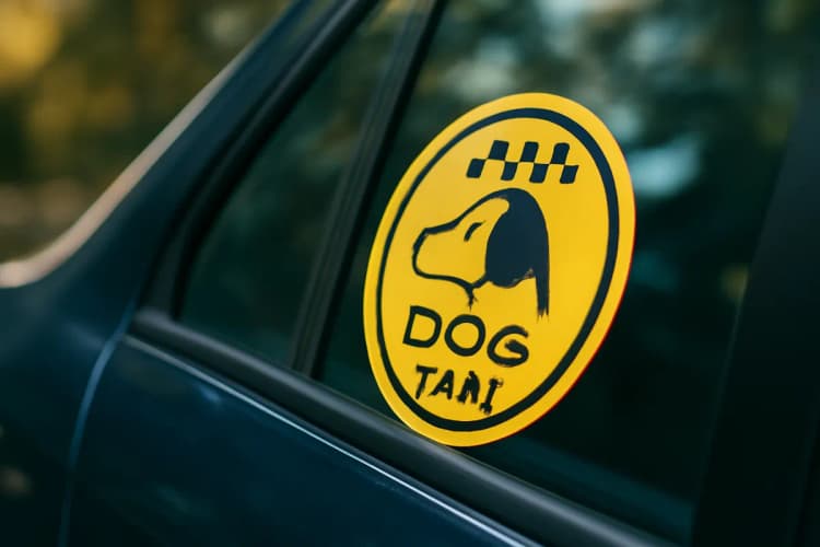 Um carro com um adesivo de 'táxi dog' na janela.