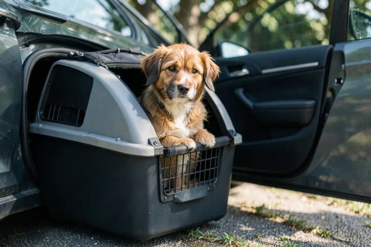 Um cachorro em uma caixa de transporte ao lado de um carro.