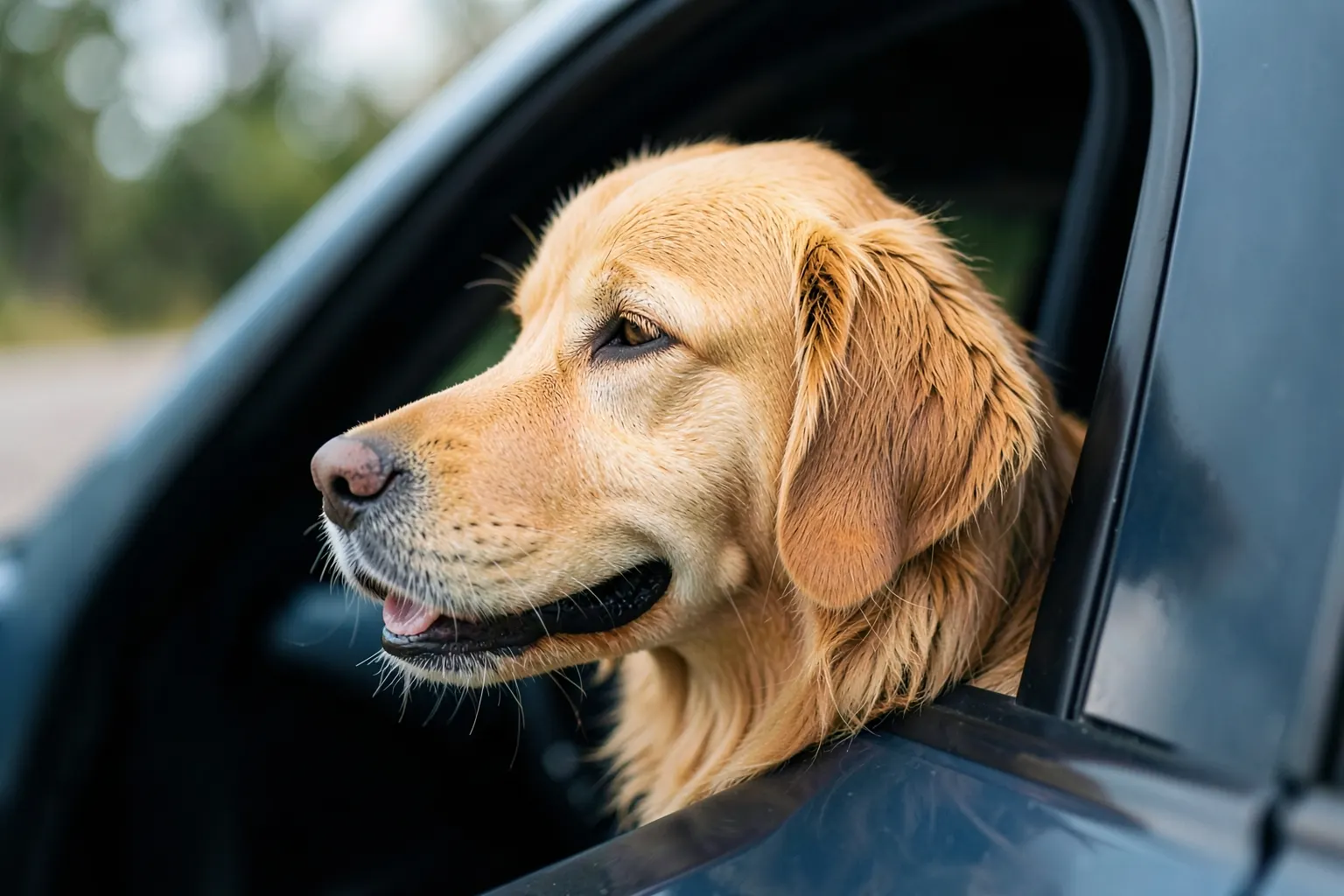 Um cachorro de raça indefinida dentro de um carro com a cabeça para fora da janela.