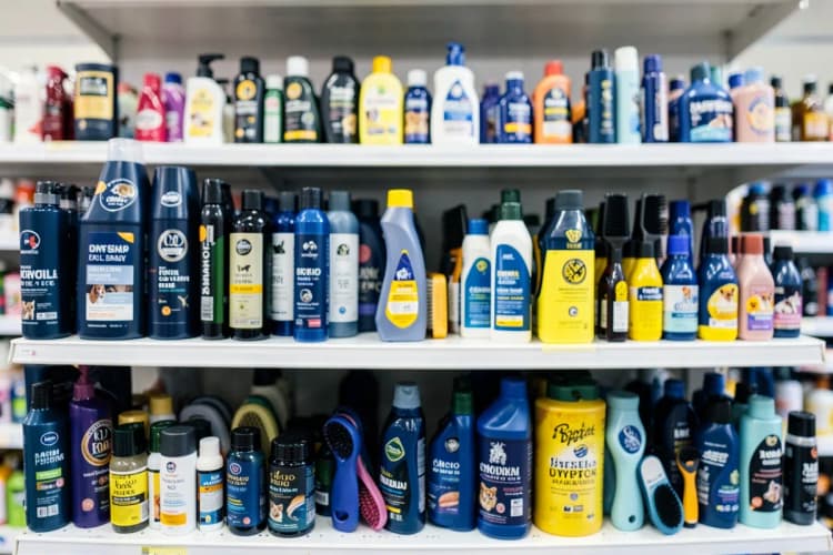 Produtos de higiene para pets em prateleira de pet shop