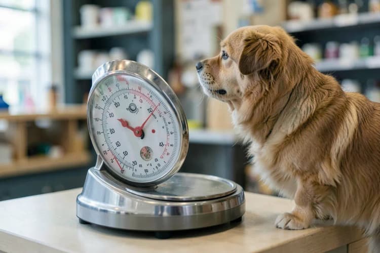 Balança de precisão pesando um cachorro em pet shop