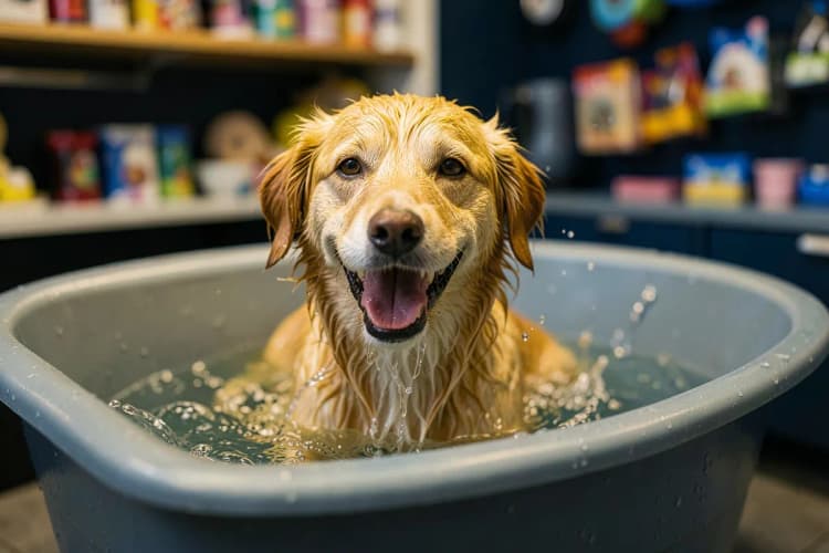 Cachorro feliz tomando banho em uma banheira de pet shop