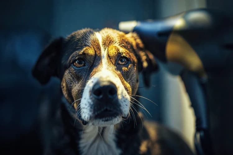 Cachorro com expressão de medo em frente a um secador de pelo ligado