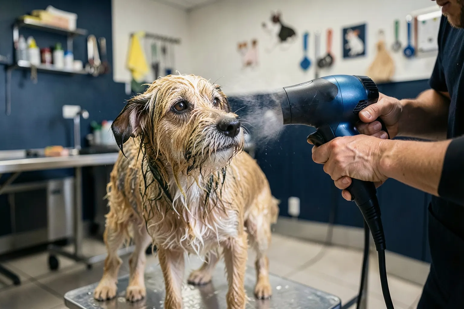 Cachorro molhado sendo secado com secador de pelo em um pet shop