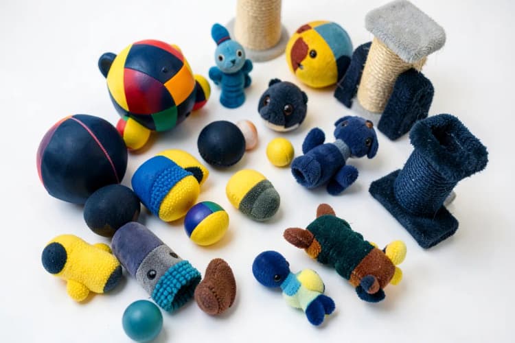 Diversos tipos de brinquedos para cães e gatos dispostos sobre um fundo branco, como bolas, mordedores e arranhadores.