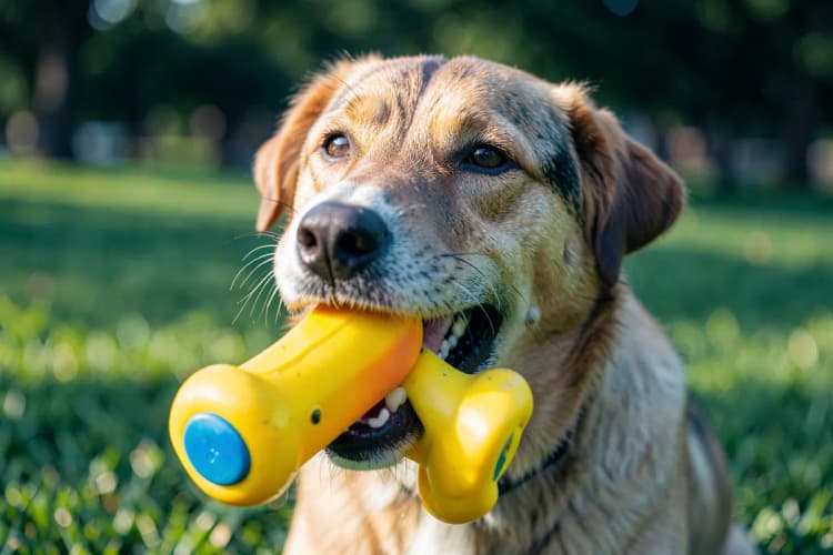 Cachorro feliz mastigando um osso de borracha em um parque gramado, com foco no brinquedo.