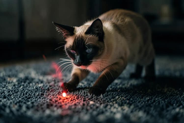 Gato siamês perseguindo um ponteiro laser em um tapete felpudo, com o ponto vermelho em movimento.