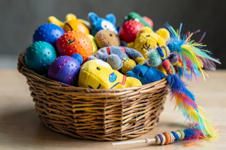 Variedade de brinquedos para pets, incluindo bolas, pelúcias, mordedores e varinhas com penas, em uma cesta de vime.