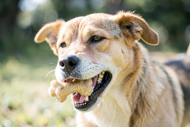 Cachorro com a boca aberta, abanando o rabo, olhando atentamente para um brinquedo de morder em formato de osso.