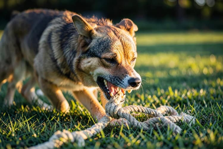 Cachorro rosnando e puxando uma corda de brinquedo com dois nós, em um gramado verde.