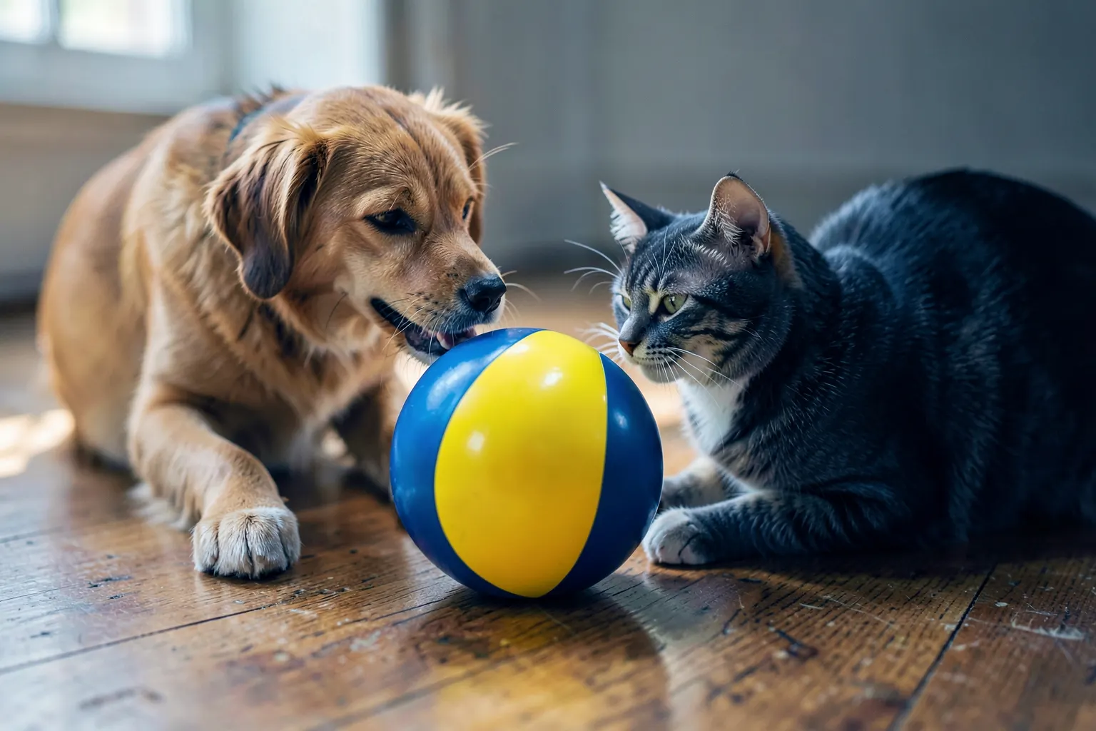 Cachorro e gato brincando juntos com uma bola colorida no chão de madeira, luz natural entrando pela janela.