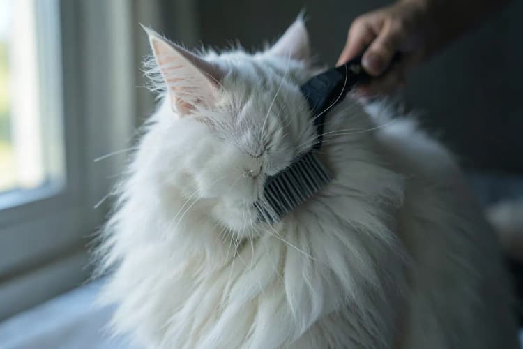 Um gato sendo escovado com uma escova de pelos em ambiente interno