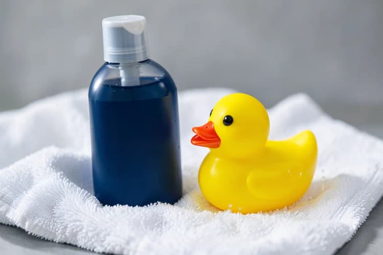 Um frasco de shampoo para pets em cima de uma toalha branca