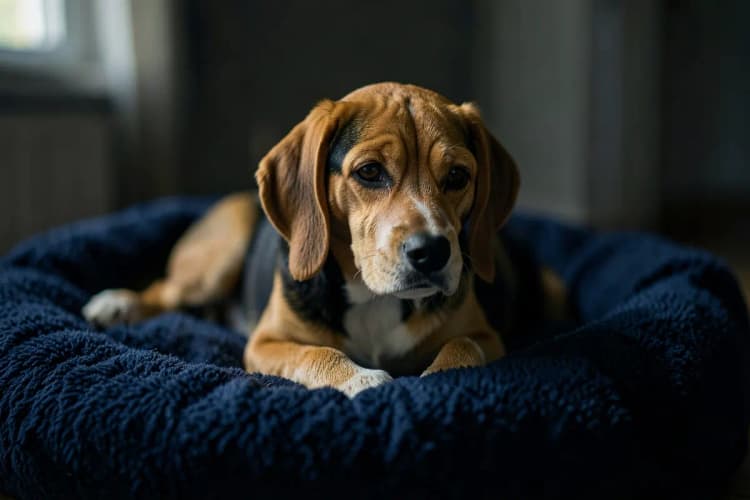 Um cachorro deitado em uma cama de cachorro com expressão triste