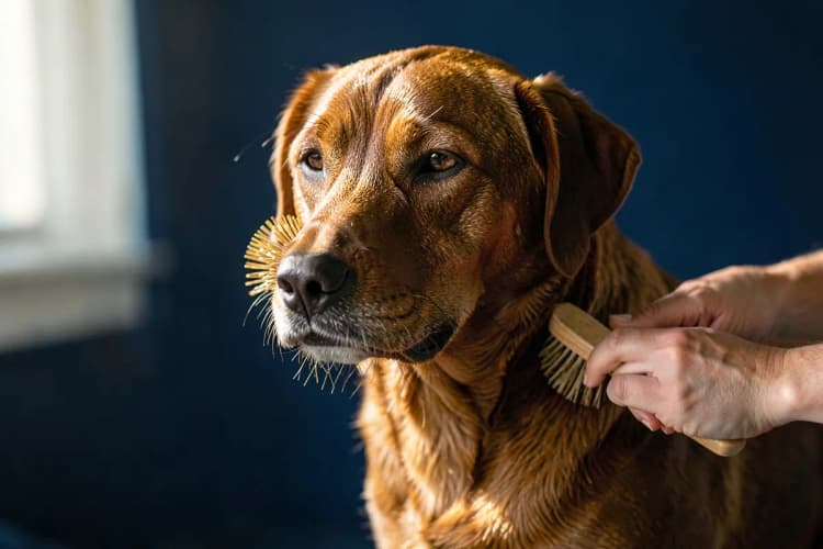 Um cachorro sendo escovado com uma escova de pelos em ambiente interno