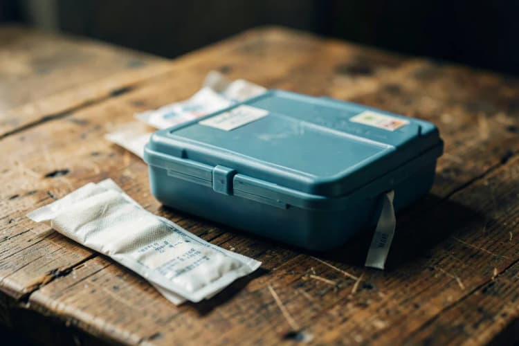 Um kit de primeiros socorros para pets em cima de uma mesa de madeira