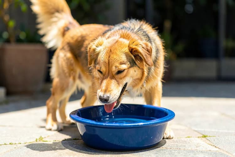 Um cachorro bebendo água de uma tigela em um dia ensolarado