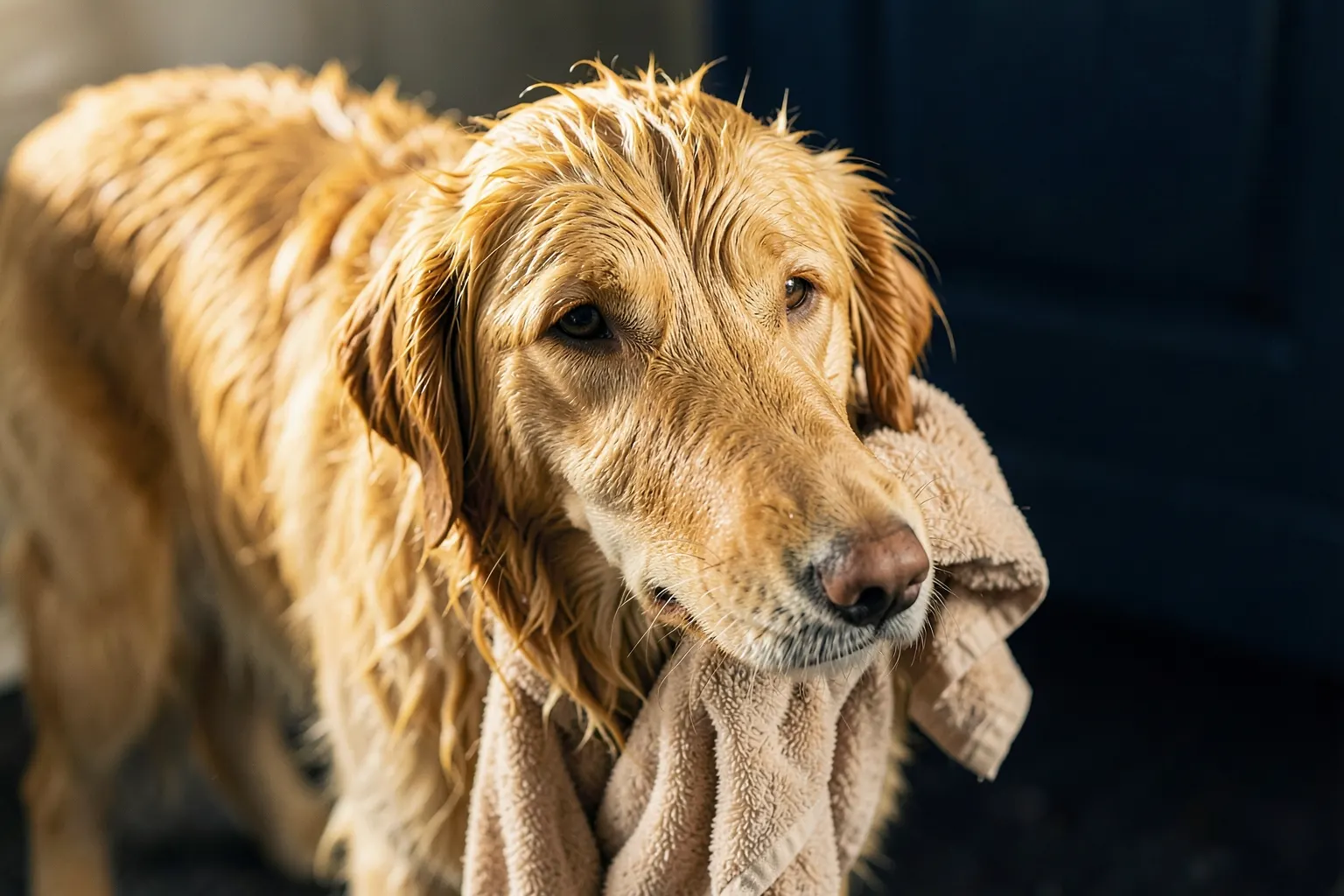 Um cachorro sendo secado com toalha após o banho