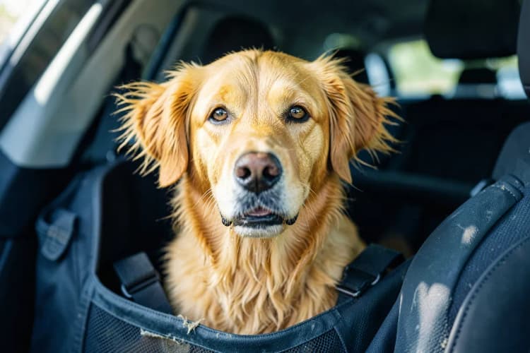 Um cachorro golden retriever sentado em uma caixa de transporte dentro de um carro, com a cabeça para fora da janela