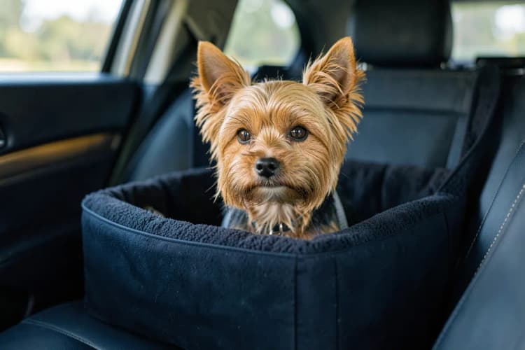 Um cachorro yorkshire sendo transportado em uma caixa de transporte acolchoada em um carro particular