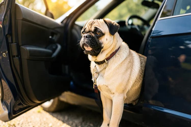 Um cachorro pug usando uma coleira e guia, pronto para entrar em um carro com a porta aberta