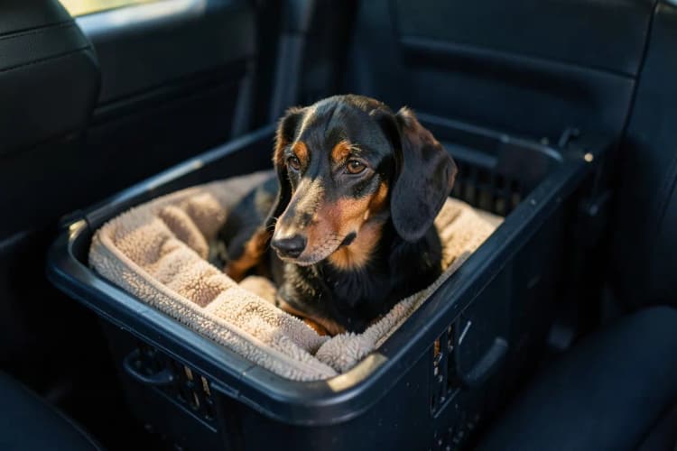 Um cachorro dachshund marrom e preto dentro de uma caixa de transporte em um carro, com uma manta macia dentro