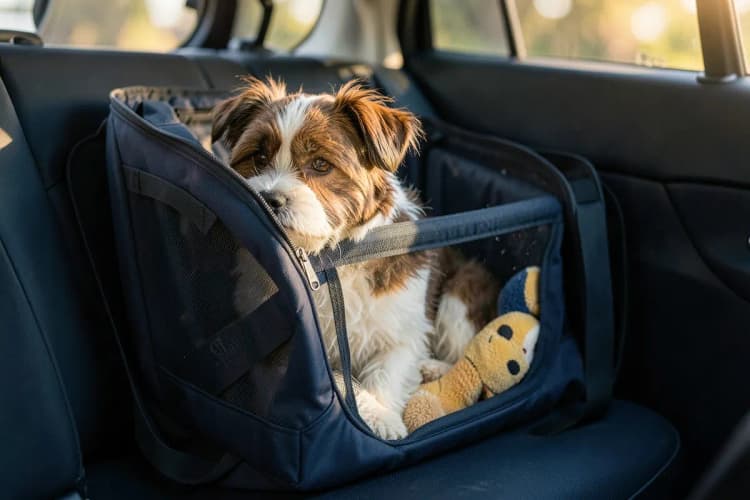 Um cachorro shih tzu marrom e branco em uma caixa de transporte em um carro, com brinquedo dentro