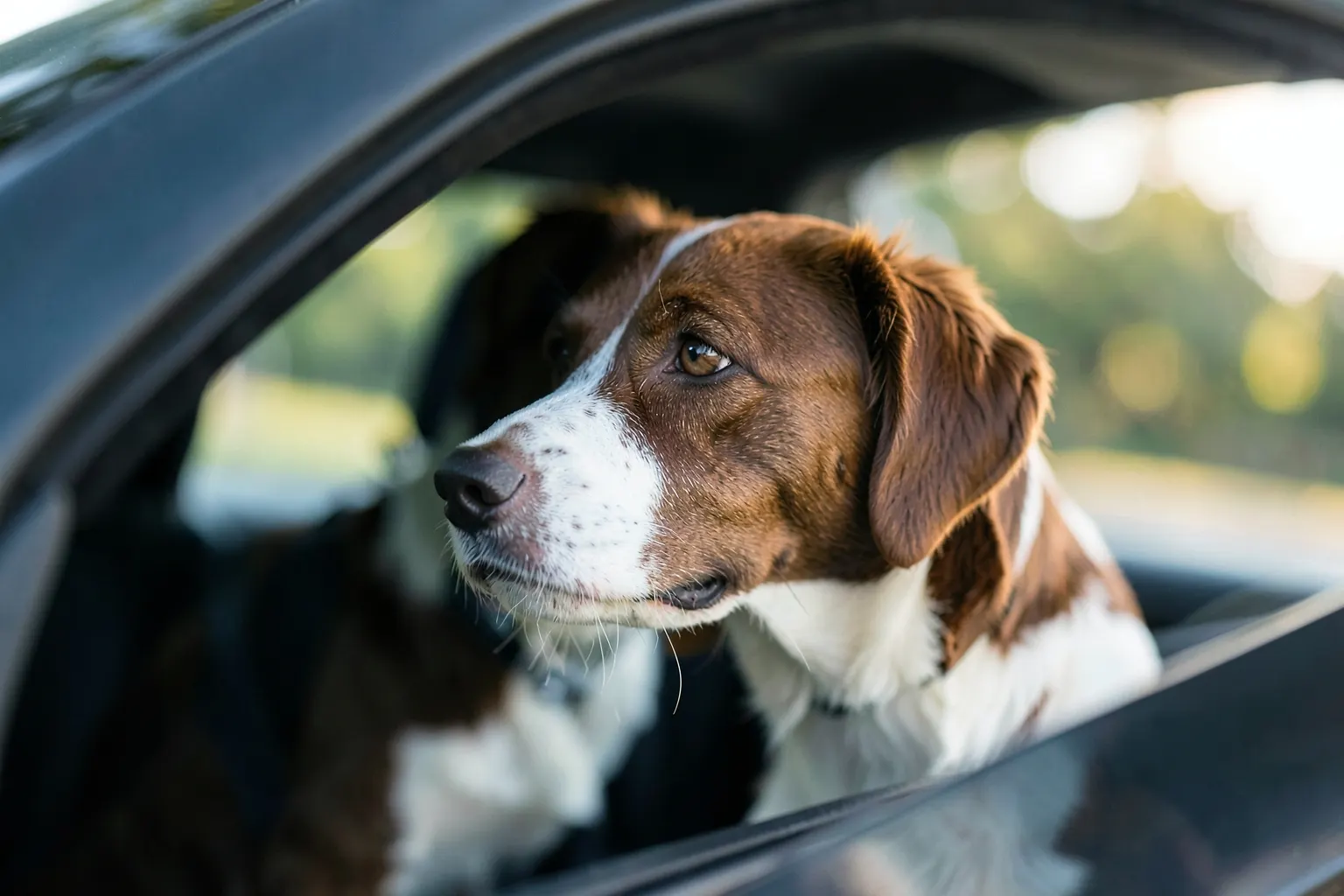 Um cachorro marrom e branco dentro de um carro com a janela aberta, olhando para fora com atenção