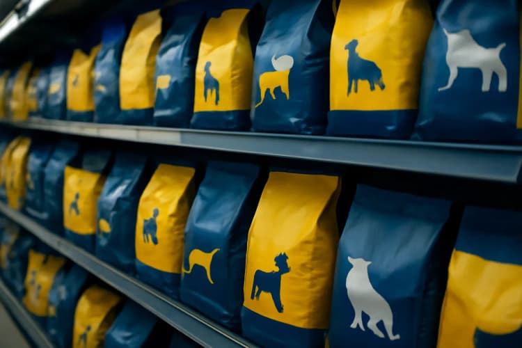 Prateleiras cheias de sacos de ração para cães e gatos em um pet shop.
