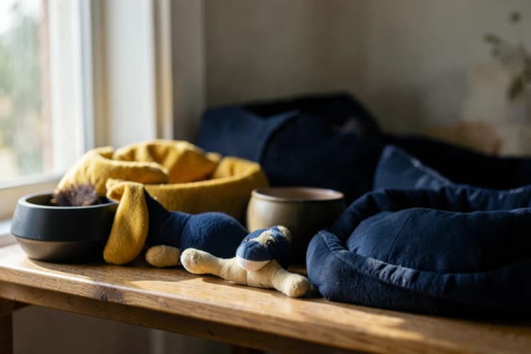 Acessórios para pets como potes, brinquedos e caminhas organizados em uma prateleira.