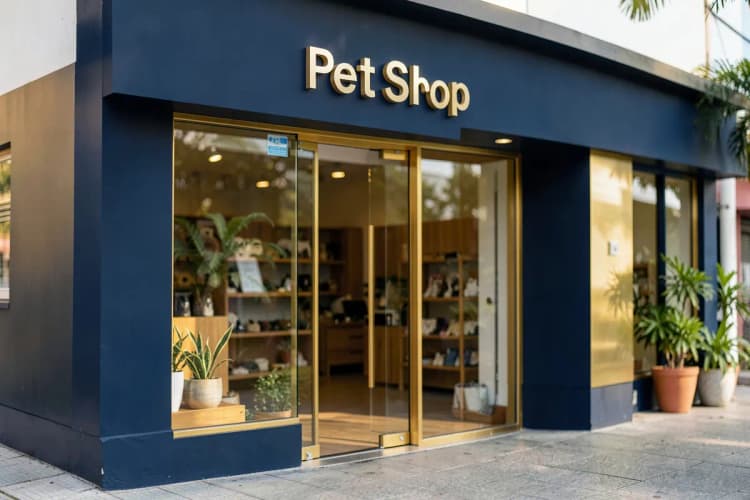 Fachada de um pet shop moderno e bem iluminado em Guararapi, com o nome "Pet Shop" visível.