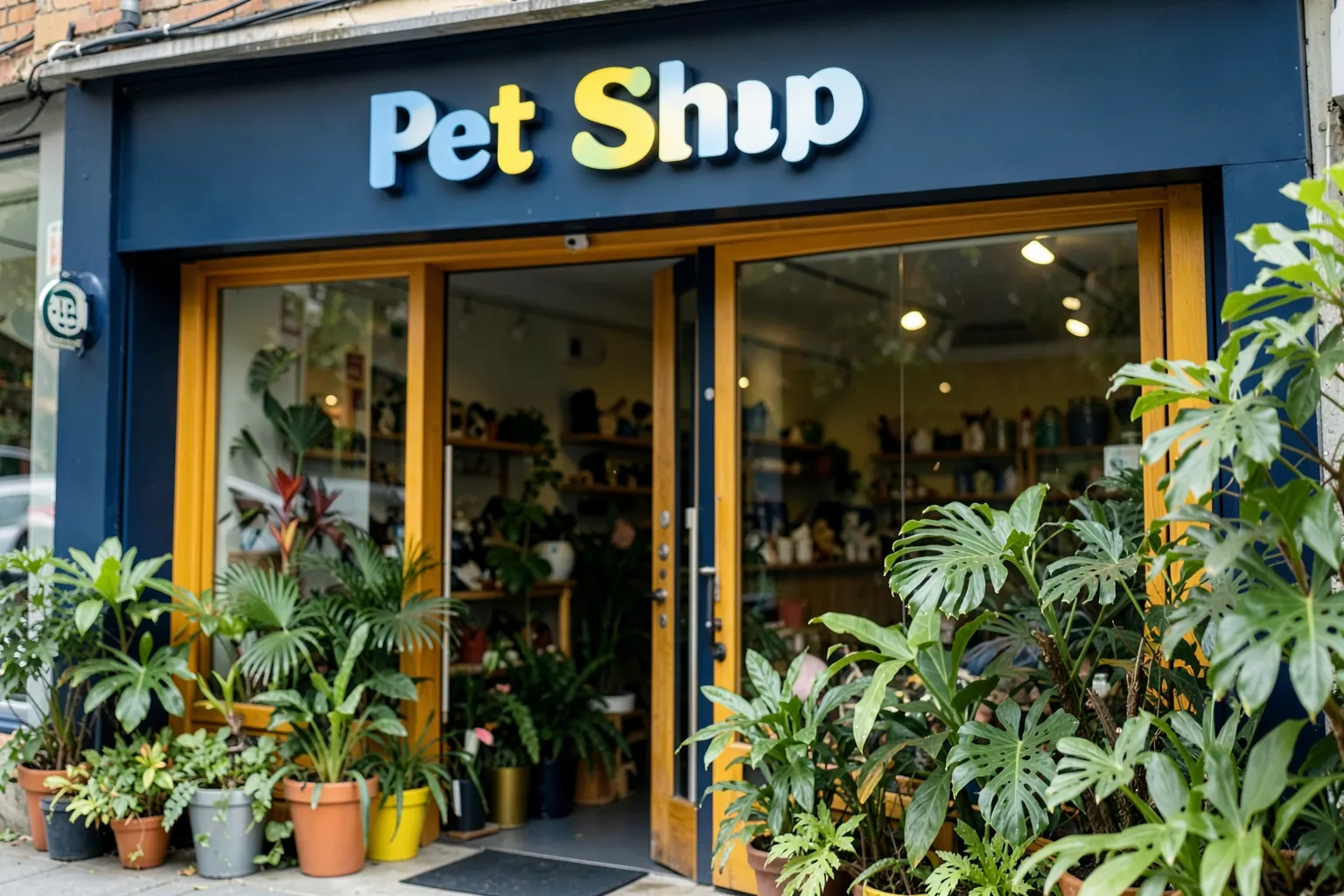 Fachada de pet shop com fachada colorida e nome "Pet Shop" em destaque, com plantas na entrada.