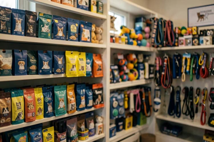 Prateleiras organizadas com diversos produtos para cães e gatos, como rações, brinquedos e acessórios, em um pet shop.