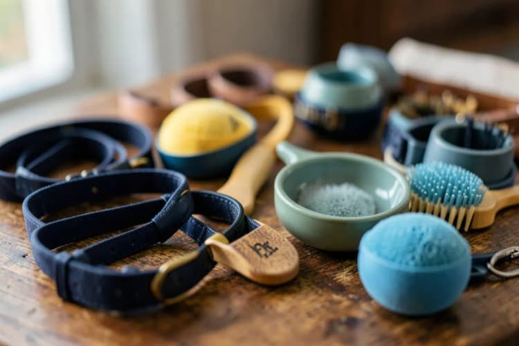 Variedade de itens populares em pet shops, incluindo coleiras, potes de ração, escovas e bolinhas para cães e gatos.