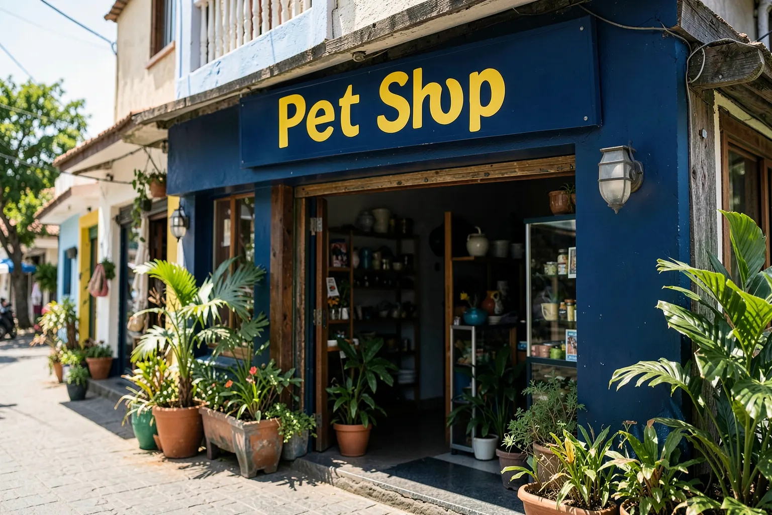Fachada de pet shop com fachada colorida e letreiro "Pet Shop" em Meaípe, Guarapari, com plantas na entrada.