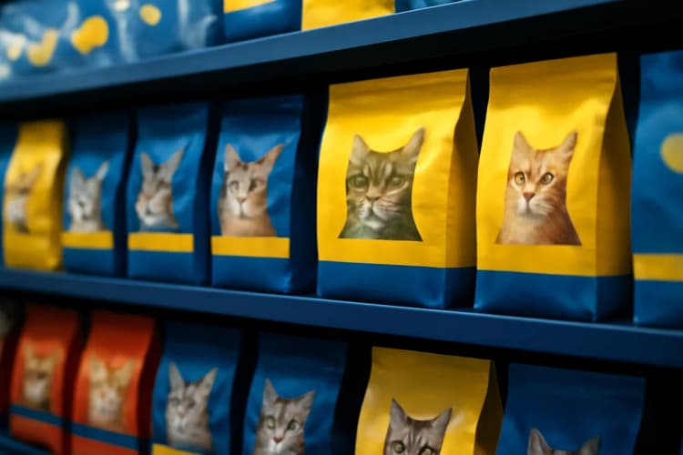 Diversos tipos de ração para gatos em embalagens coloridas, dispostas em prateleiras de um pet shop.