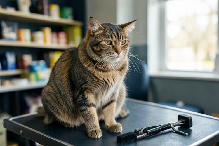 Um gato sendo escovado por um profissional em um pet shop, com foco na escovação.
