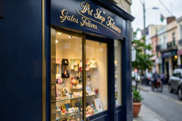 Fachada de um pet shop moderno e bem iluminado, com o nome "Pet Shop Gatos Felizes" em destaque.
