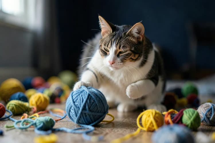 Um gato brincando com uma bolinha de lã em um ambiente doméstico, com brinquedos espalhados.