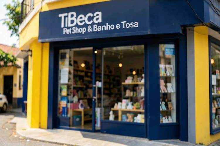 Fachada de uma loja "Tia Beca Pet Shop & Banho e Tosa" com o nome visível.