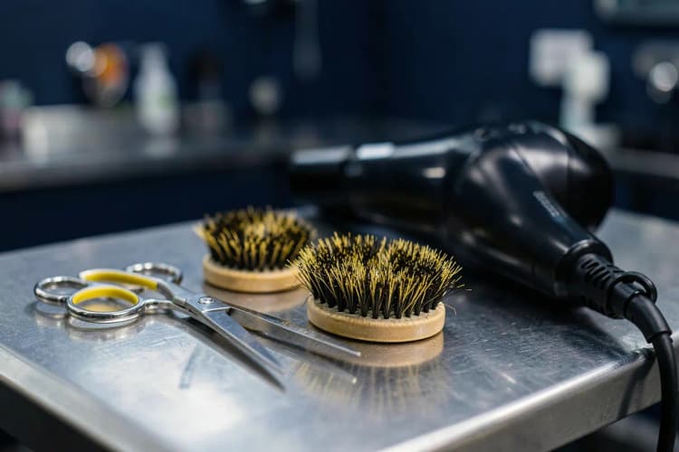 Equipamentos de banho e tosa organizados em um pet shop, como secadores e tesouras.
